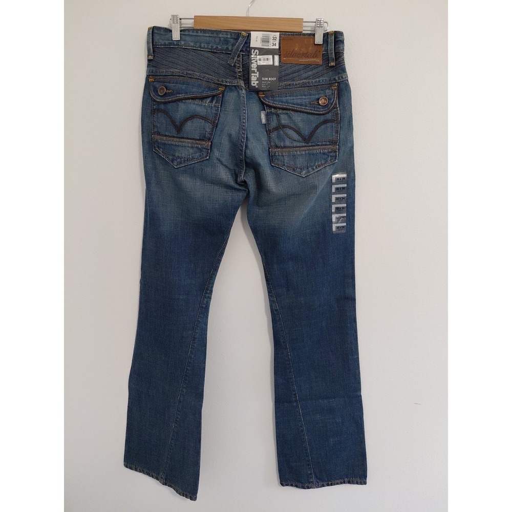 NOS Levi's SilverTab Boot Jeans 32x34 Y2K Blue Denim SLIM BOOT Leather Trim VTG - Picture 5 of 15